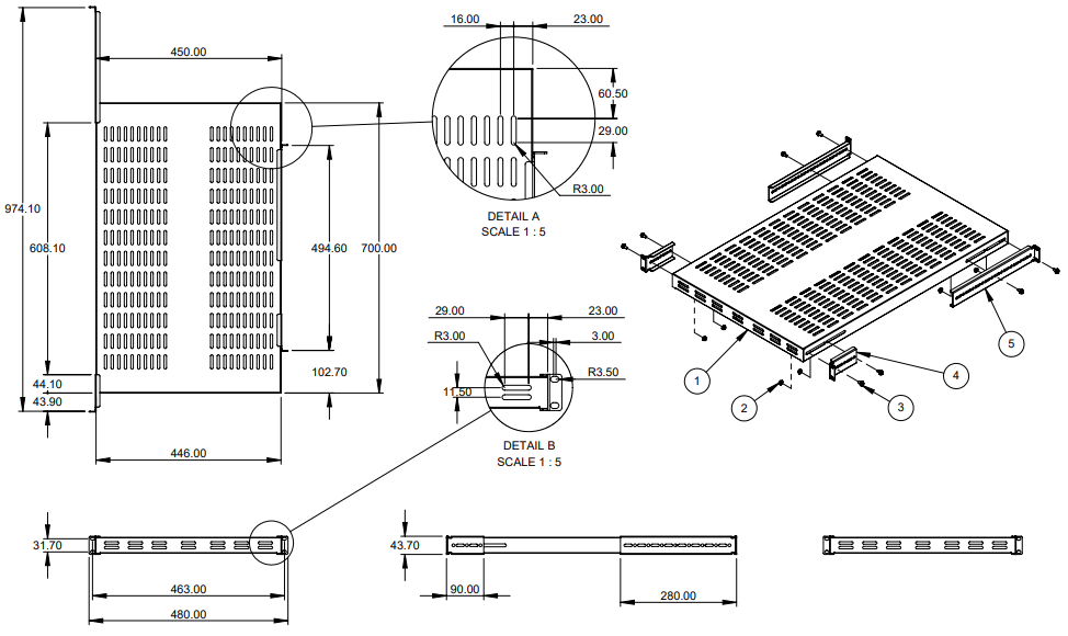 1U Adjustable Vented Server Rack Mount Shelf - 175lbs - 19.5 to 38in  Adjustable Mounting Depth Universal Tray for 19 AV/ Network Equipment Rack  