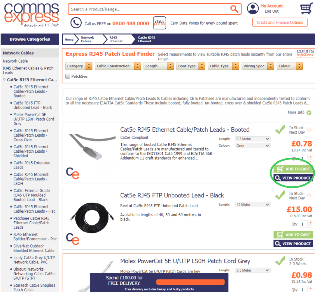 A screenshot of the Comms Express website showing the "add to cart" button to the right-hand-side of the product.