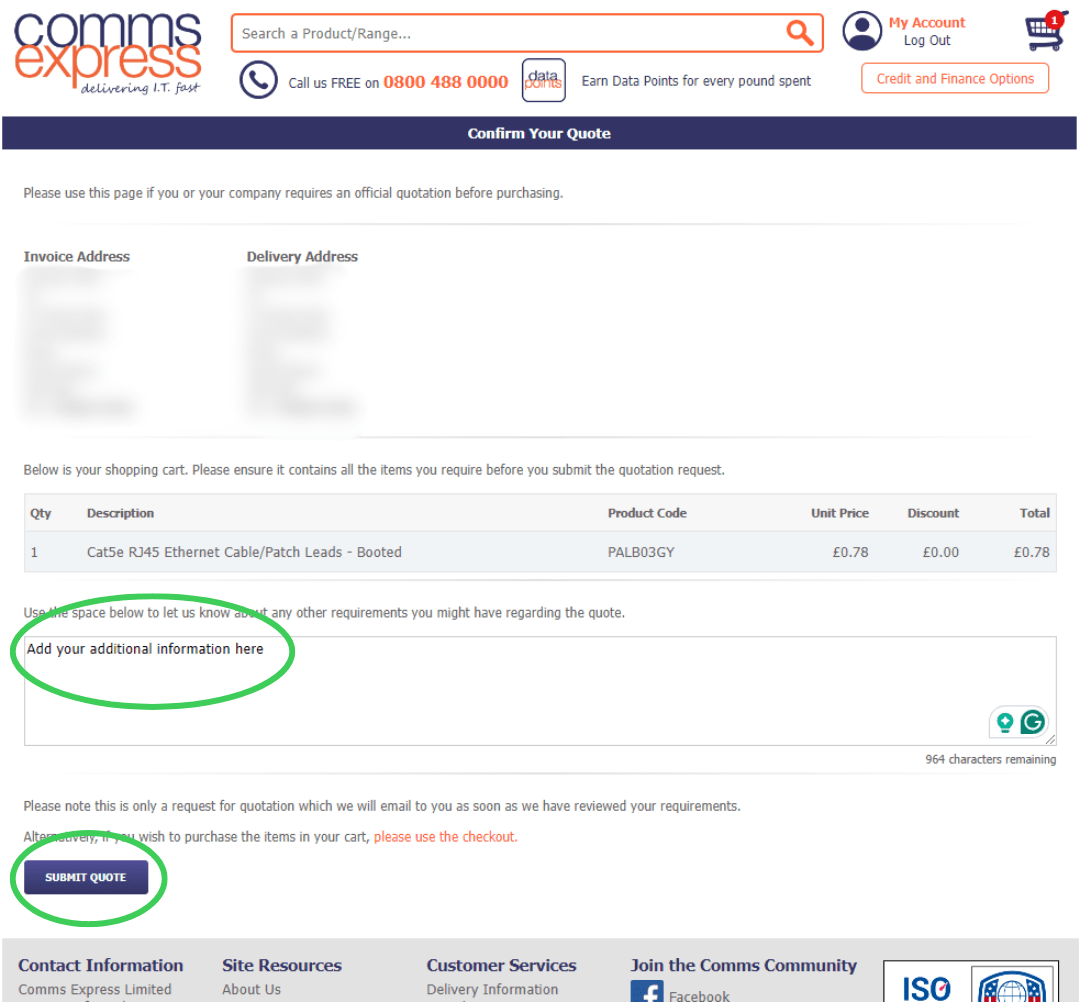 A screenshot of the Comms Express website, showing how to add extra information in a quote.