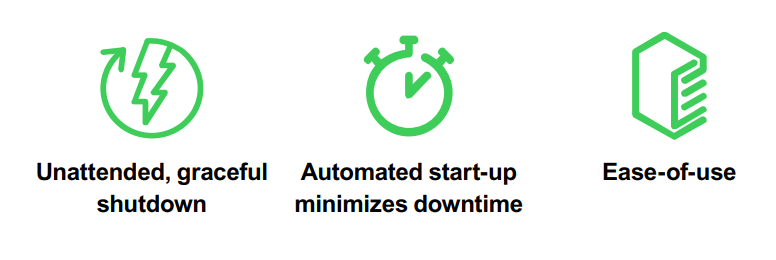 Unattended graceful shutdown, Automated start-up to minimise downtime, ease of use.